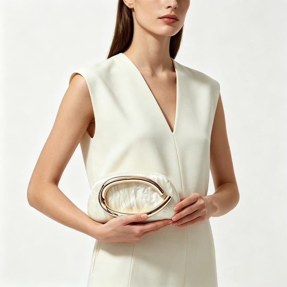 Acrylic Creamy Pearl & Gold Clutch Purse Evening Wedding Unique Crossbody Bag